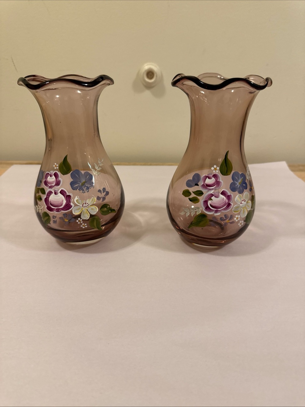 Fenton Purple Hand-Painted Floral Bud Vases - Pair